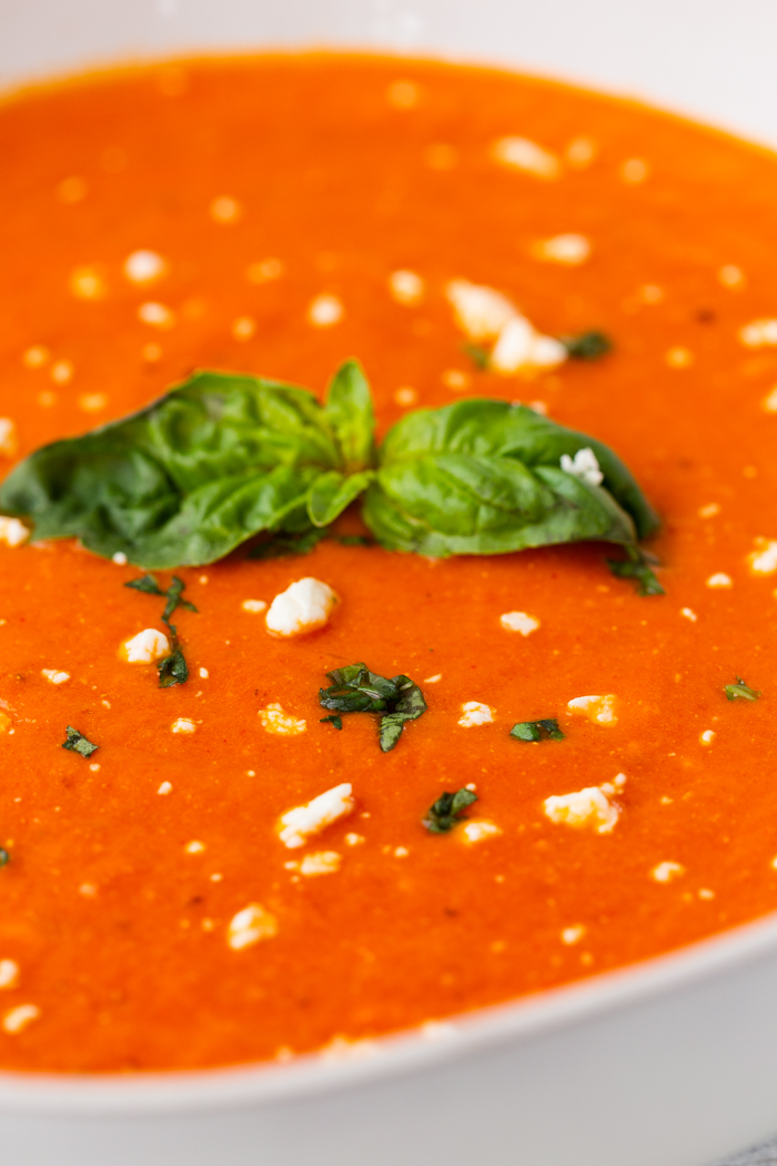 close up image of feta tomato soup keto 