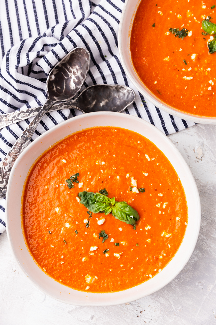 two bowls of feta tomato soup keto