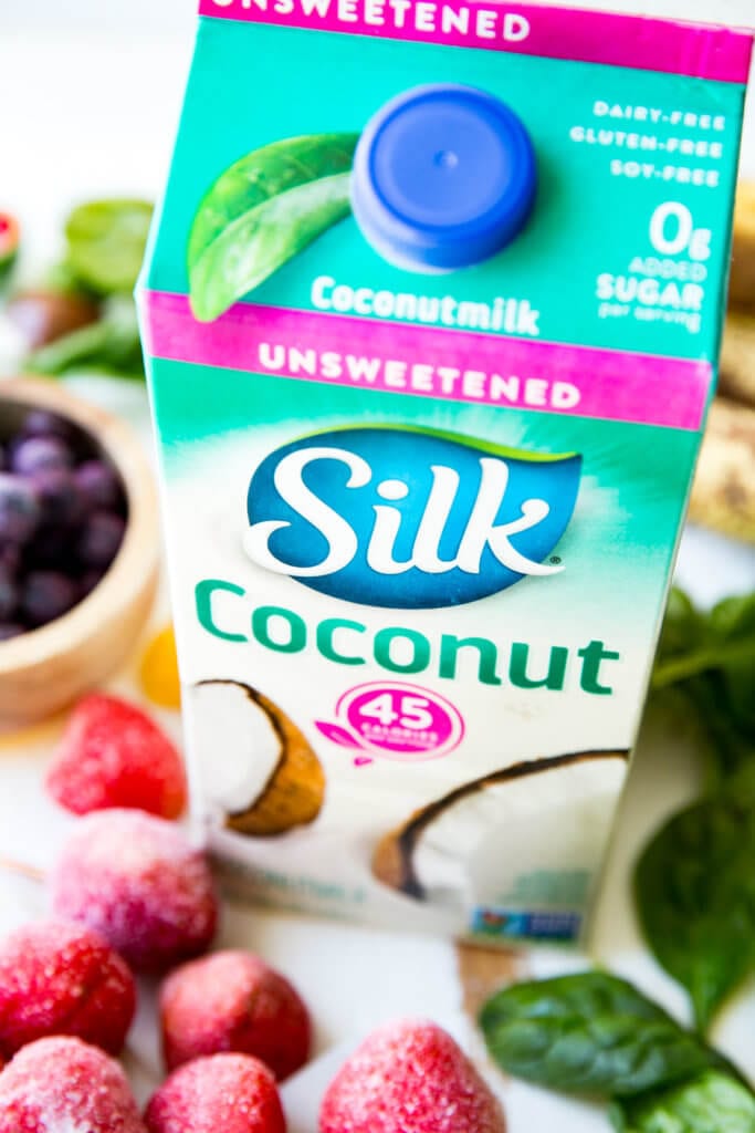 Silk Unsweetened is added to a freezer smoothie pack for a great and easy to make smoothie