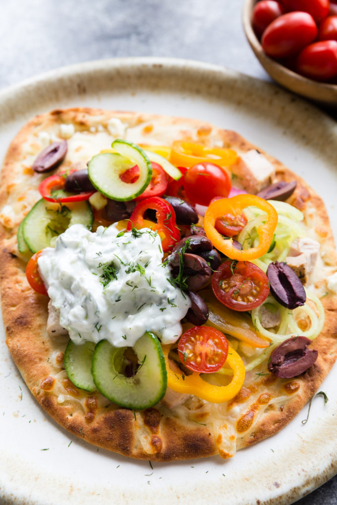 Greek Chicken Flatbread - Easy Peasy Meals