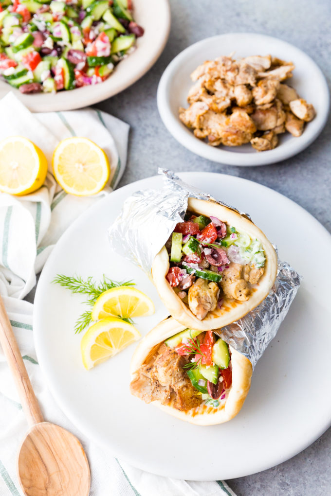 Instant Pot Greek Chicken Gyros with tzatziki and Greek Salad. Delicious. 