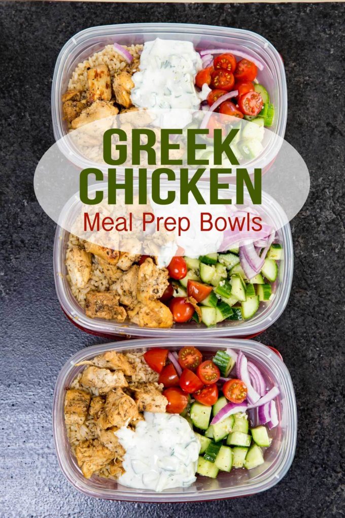 Greek Chicken: Insanely delicious Greek Chicken bowl recipes. Greek Marinated Chicken, cucumber salad, tzatziki, red onion, and tomato, served over brown rice. These are quick and easy to make, and will help you be set for the week.