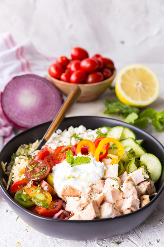 Amazing greek chicken orzo bowls