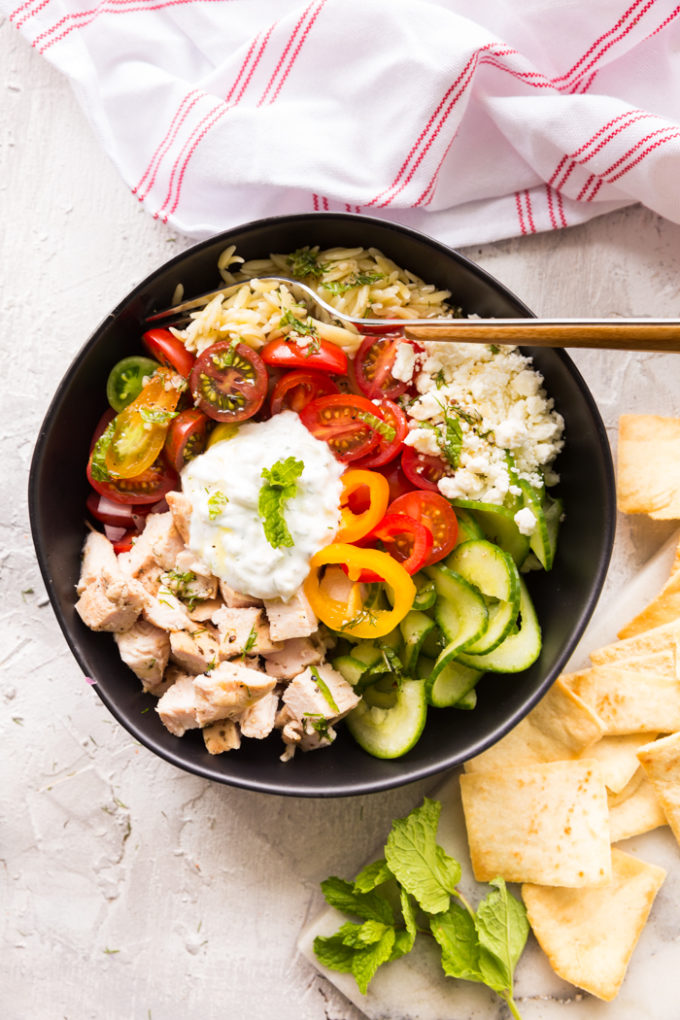 Greek Chicken Orzo Pasta Power bowl. 