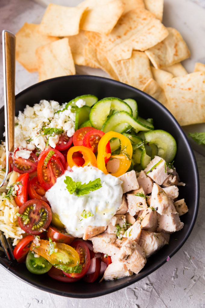 Amazing greek chicken orzo bowls