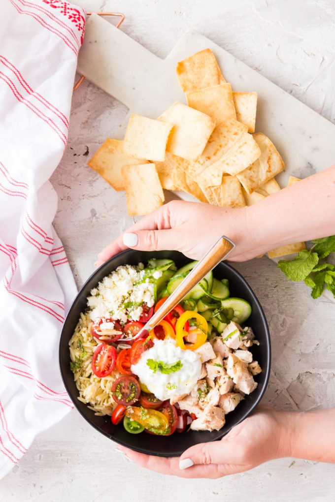 Greek Chicken Orzo Bowl- a tasty greek bowl with orzo pasta