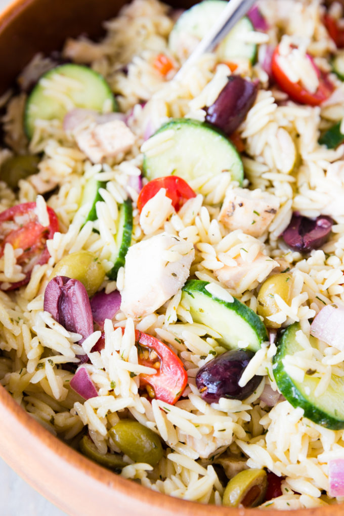 Close. up pic of chicken orzo pasta salad in a bowl