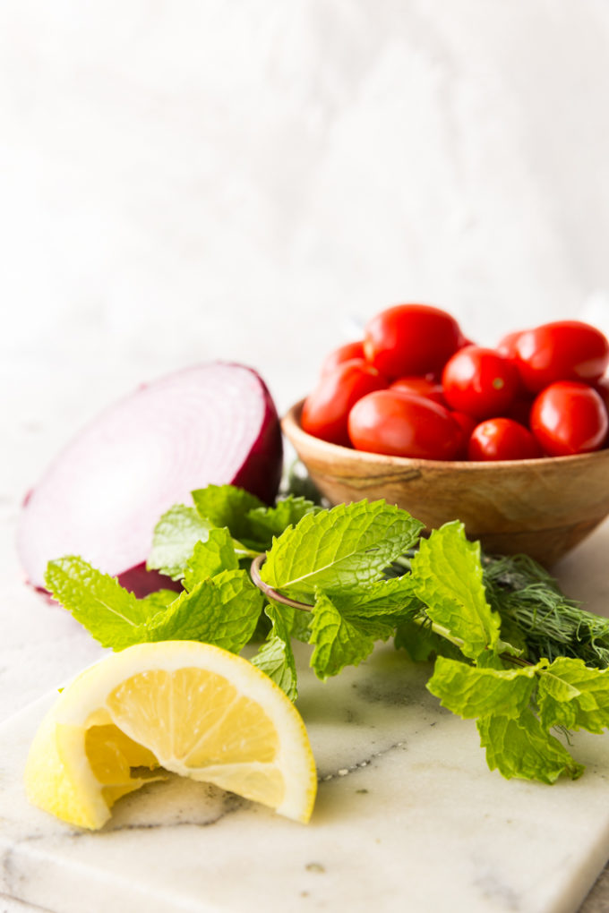 Greek Chicken Orzo Power Bowl ingredients, a delicious lunch for back to school