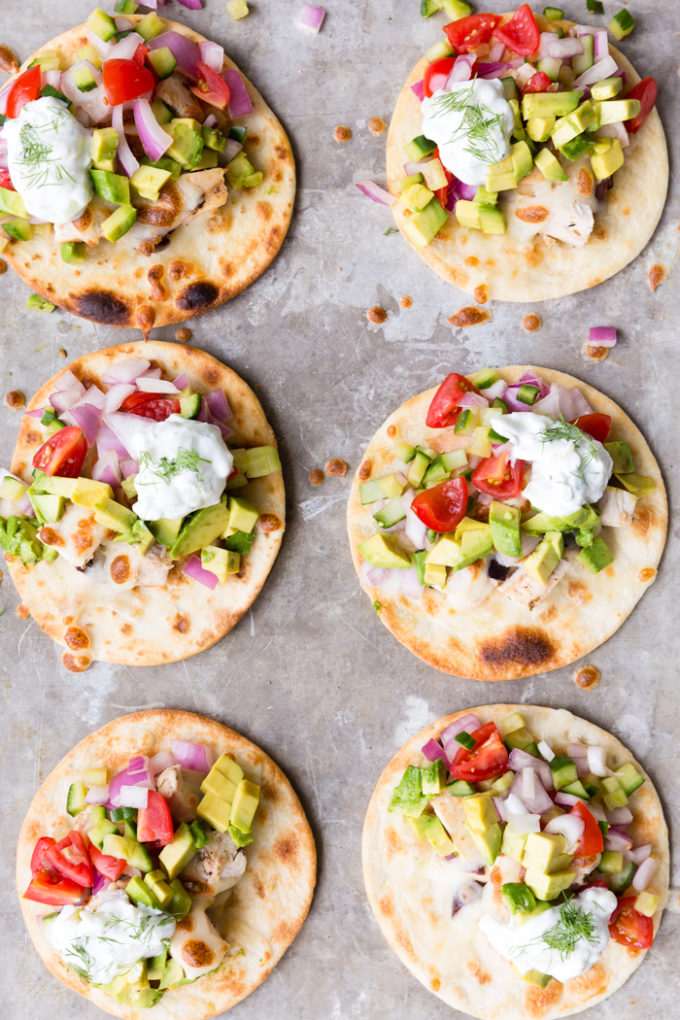 A sheet pan with 6 greek street tacos 