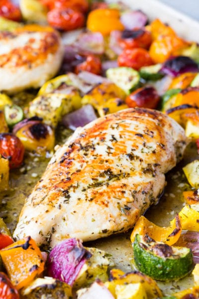 Greek chicken and veggies sheet pan meal