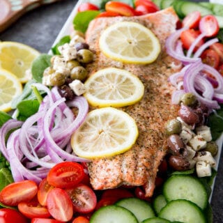 Easy Greek Salad with Salmon tomato, cucumber, onion, etc.