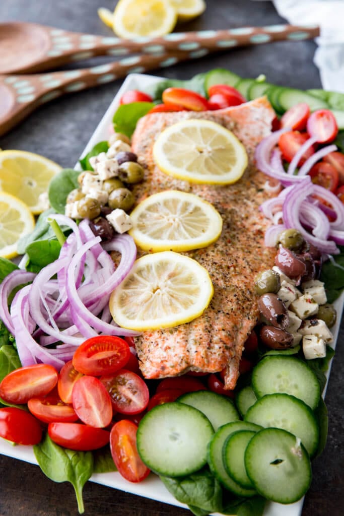 Easy Greek Salad with Salmon tomato, cucumber, onion, etc. 