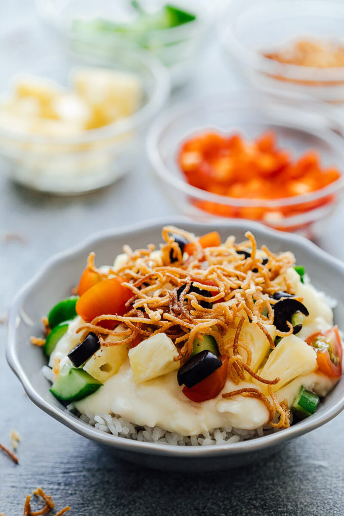 Hawaiian Haystacks are made up of creamy chicken and topped with lots of fun toppings. 