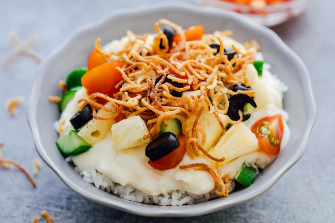 Hawaiian Haystacks are made up of creamy chicken and topped with lots of fun toppings. 