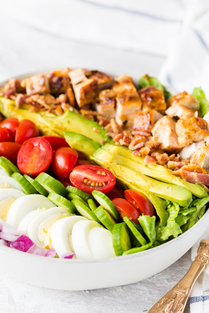 A delicious honey mustard chicken cobb salad