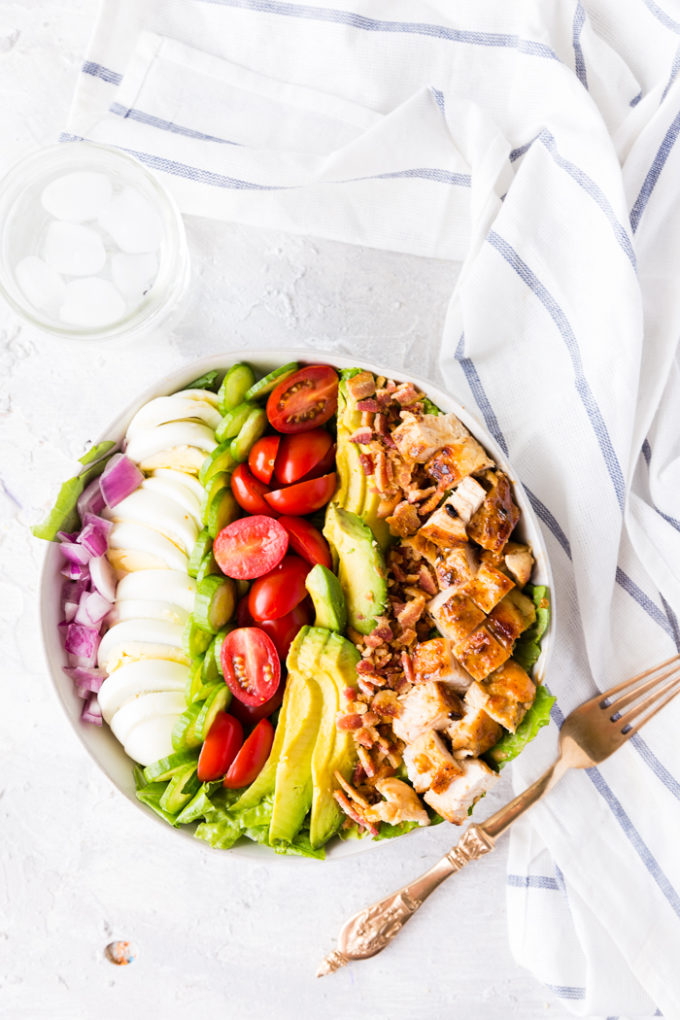 A delicious cobb salad with honey mustard chicken