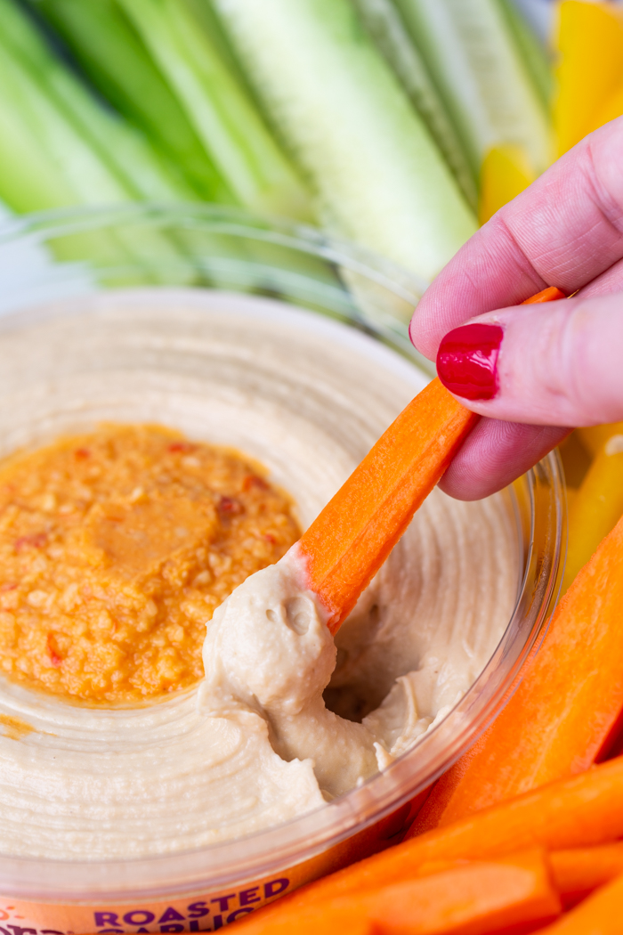 Hummus and veggies are a low carb snack great for a keto friendly diet