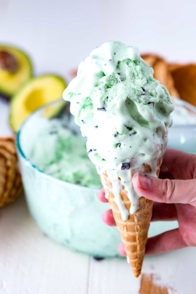 A dripping cone of Avocado Mint Chip ice cream!