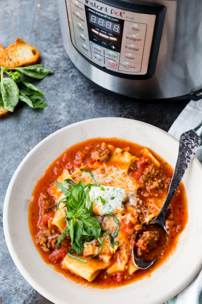 Delicious Instant Pot Lasagna Soup, made quickly, easily, and topped with tasty cheese. 