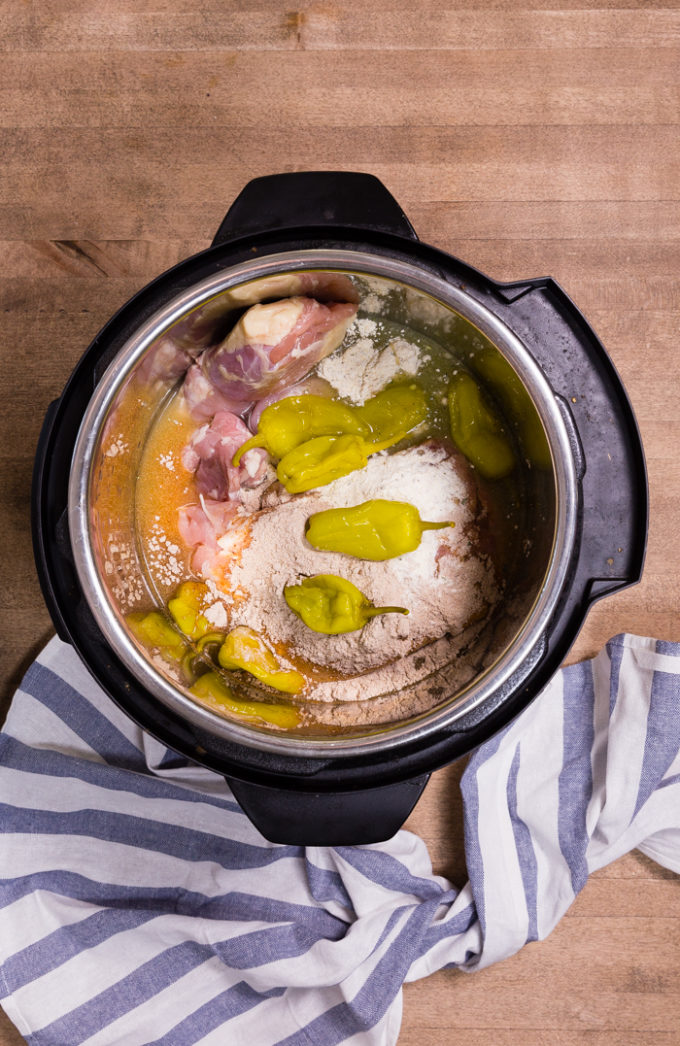 Just stick everything in the pot and cook to get this instant pot Mississippi chicken