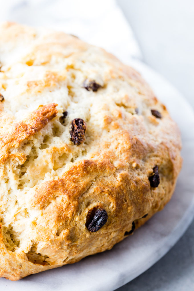 Irish Soda Bread dotted with raisins. 