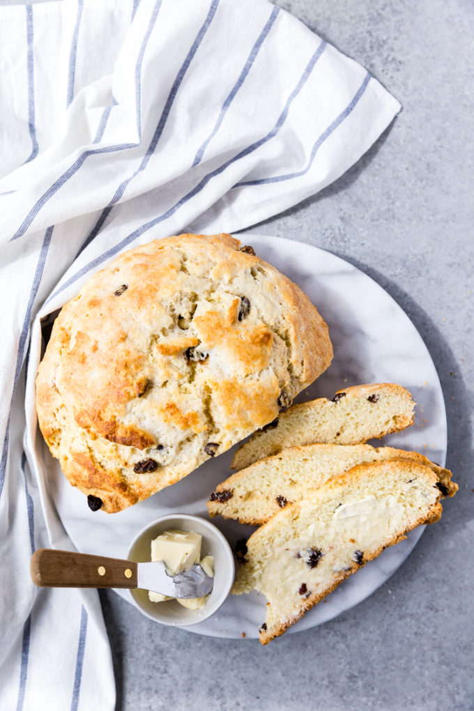 Delicious Irish soda bread with raisins and a dense texture and loads of flavor