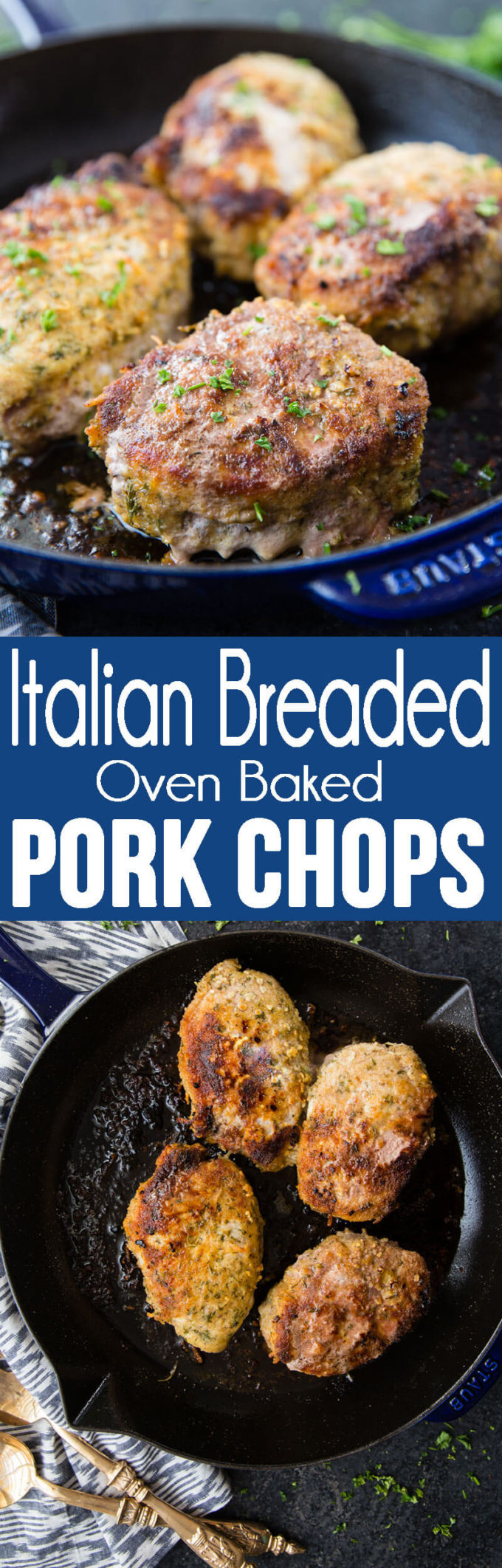 Oven baked pork chops that are breaded in Italian breadcrumbs and parmesan