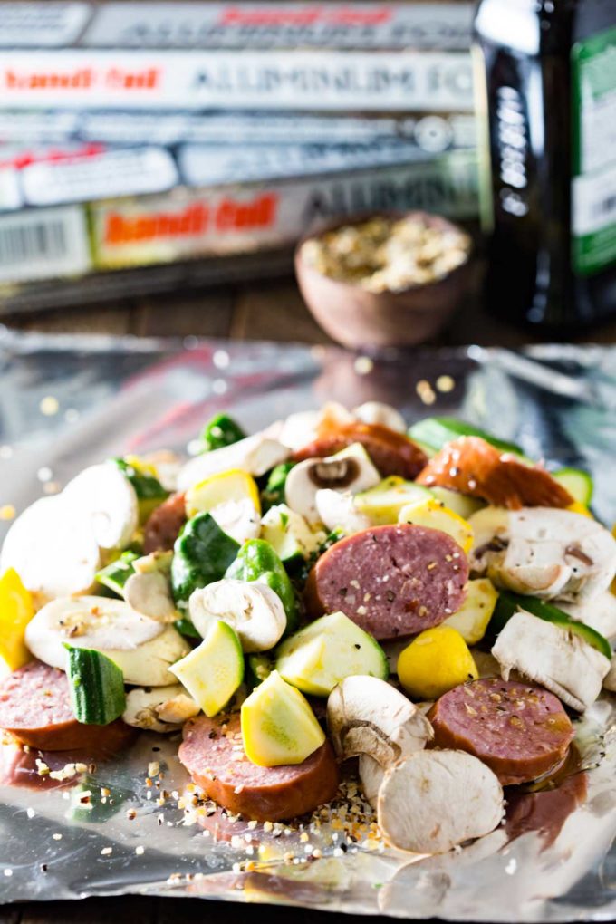 Kielbasa Recipes: Kielbasa sausage and fresh garden yellow squash and zucchini, and mushrooms, lightly seasoned, and cooked in Handi-Foil for the perfect, simple meal.