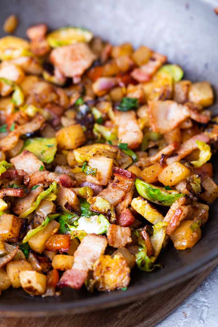 Keto breakfast hash close up of just hash on plate