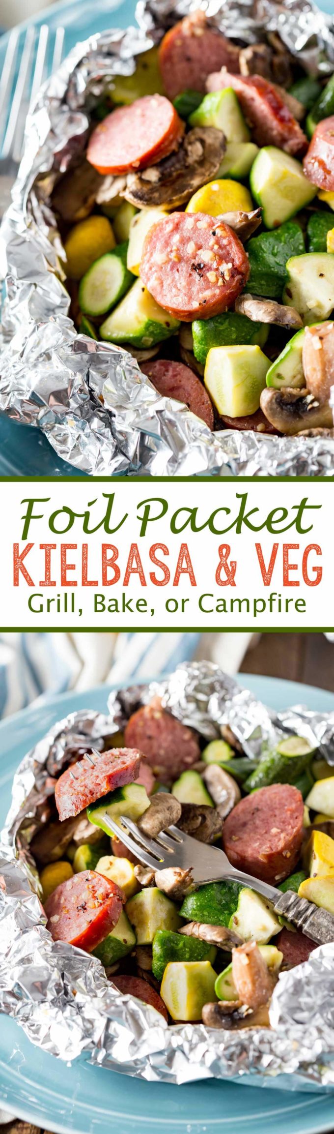 Kielbasa Recipes: Kielbasa sausage and fresh garden yellow squash and zucchini, and mushrooms, lightly seasoned, and cooked in Handi-Foil for the perfect, simple meal.