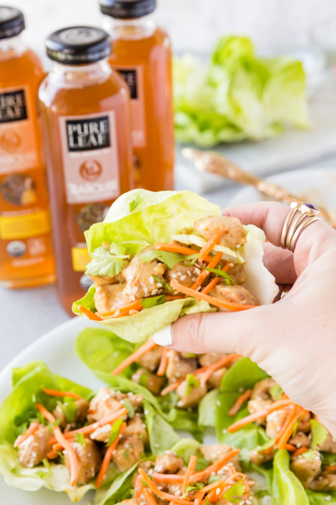 Lemon Chicken Lettuce Wraps are a crunchy, satisfying lunch or brunch item made with Pure Leaf tea. 