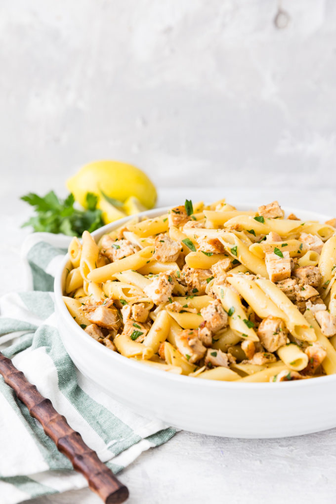 A big bowl of lemon chicken pasta!