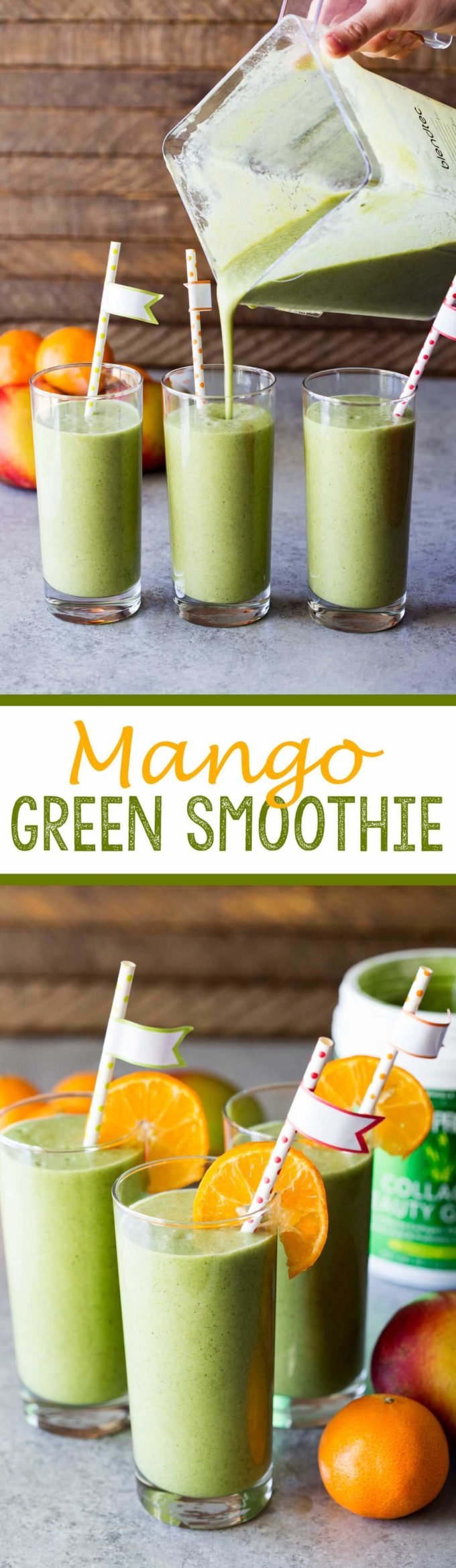 A mango green smoothie made with collagen beauty greens to help you look and feel good from the inside out!
