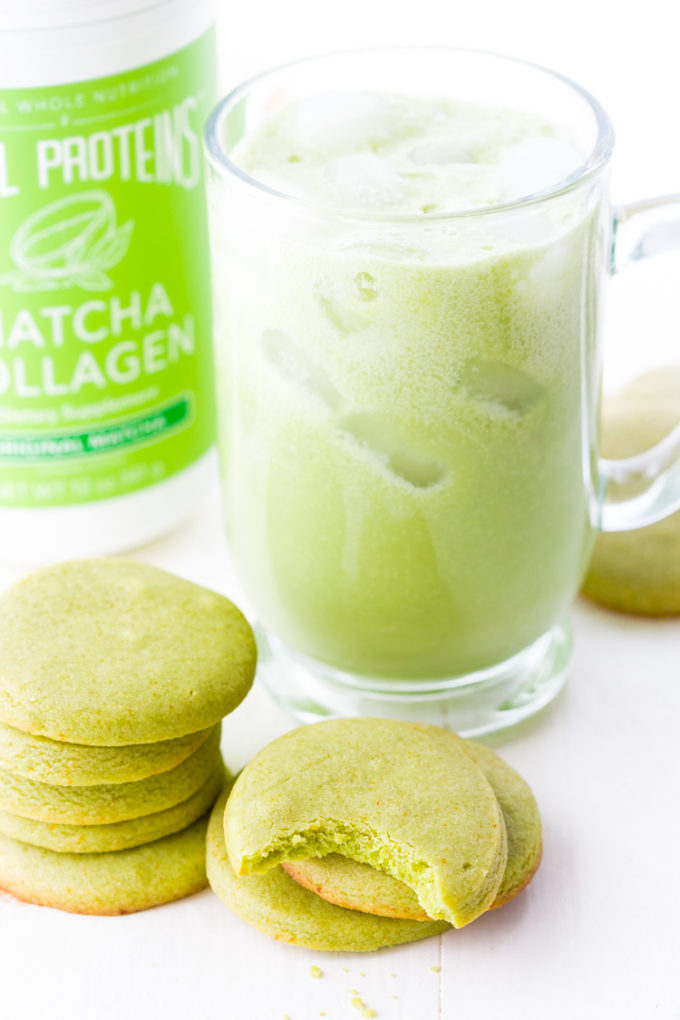 Matcha shortbread cookies with a matcha latte