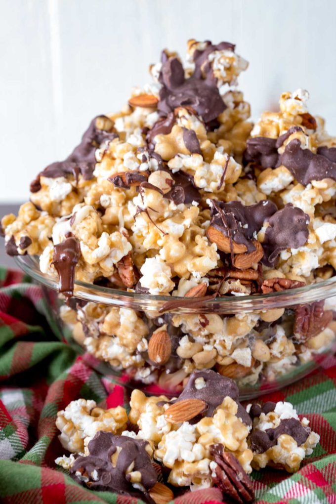 Caramel corn, popcorn moose munch with chocolate