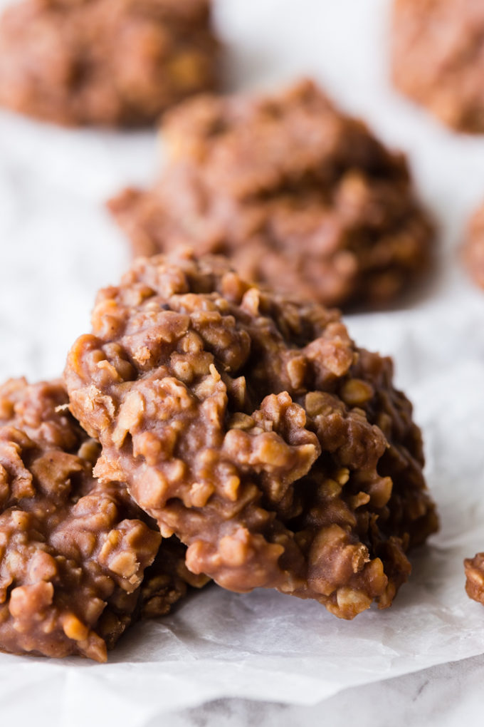 No bake cookies, delicious chocolate and peanut butter with oats