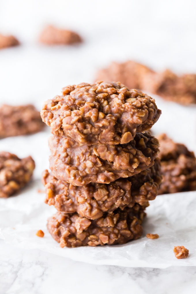 No bake cookies, chocolate and peanut butter, stacked