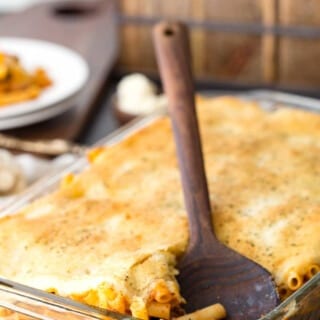 Pasta Bake is a meaty, veggie filled dish with garlic bread on top!