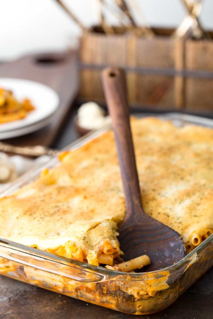 Pasta Bake is a meaty, veggie filled dish with garlic bread on top!