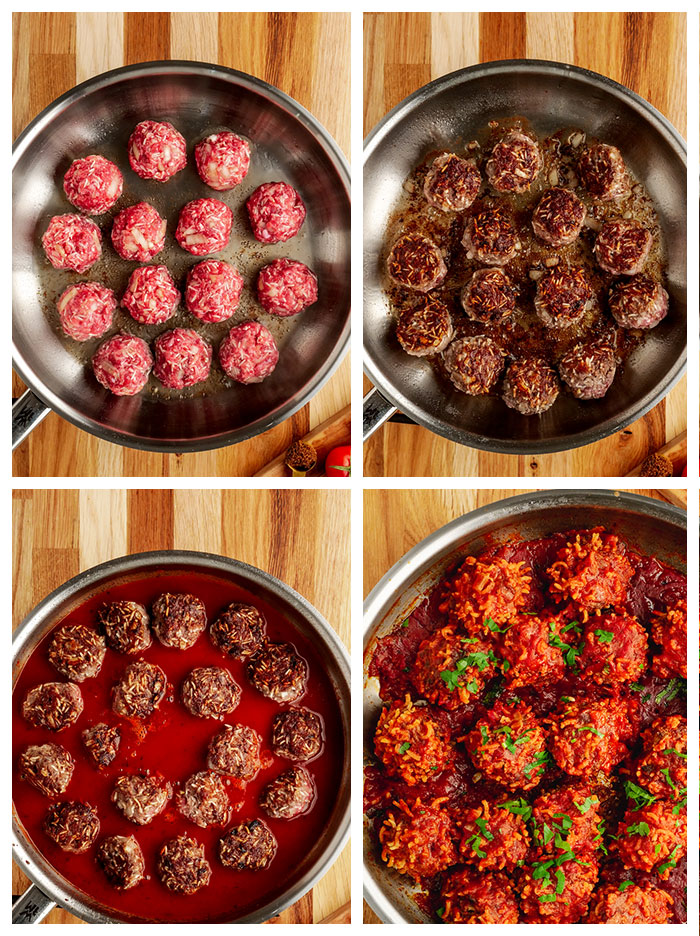 How to make porcupine meatballs, a collage of pictures of cooking them in a skillet.