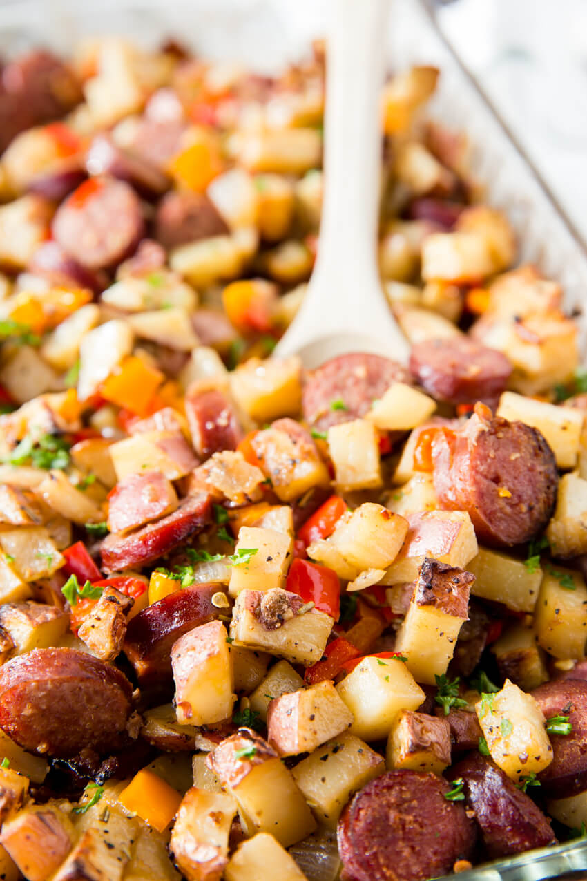 Sausage, Potato, Pepper Recipe: A hearty and filling side dish, full meal, breakfast hash, with plenty of flavor. This Potato, Pepper, and Sausage Bake is perfect for grilling season too! 