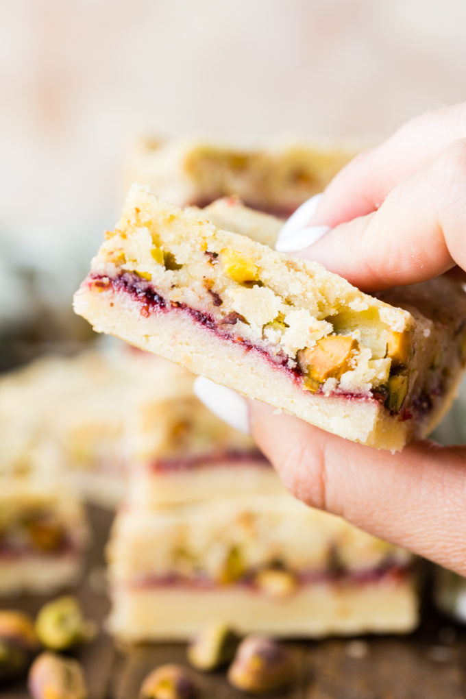 A closer look at the layers in these raspberry pistachio shortbread bars