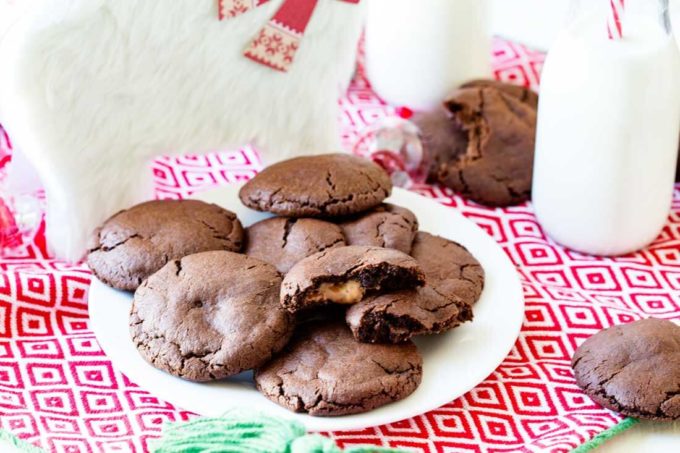 Caramel stuffed chocolate cookies make a great Santa cookie. They are tasty, fun, and help make the holidays bright. You will be anxious to sink your teeth into these chocolatey cookies with a carmel surprise. 
