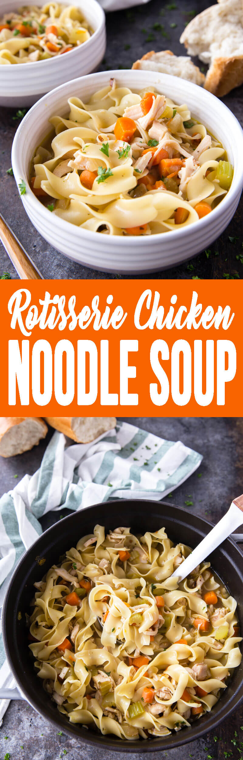 Delicious rotisserie chicken noodle soup is easy to make