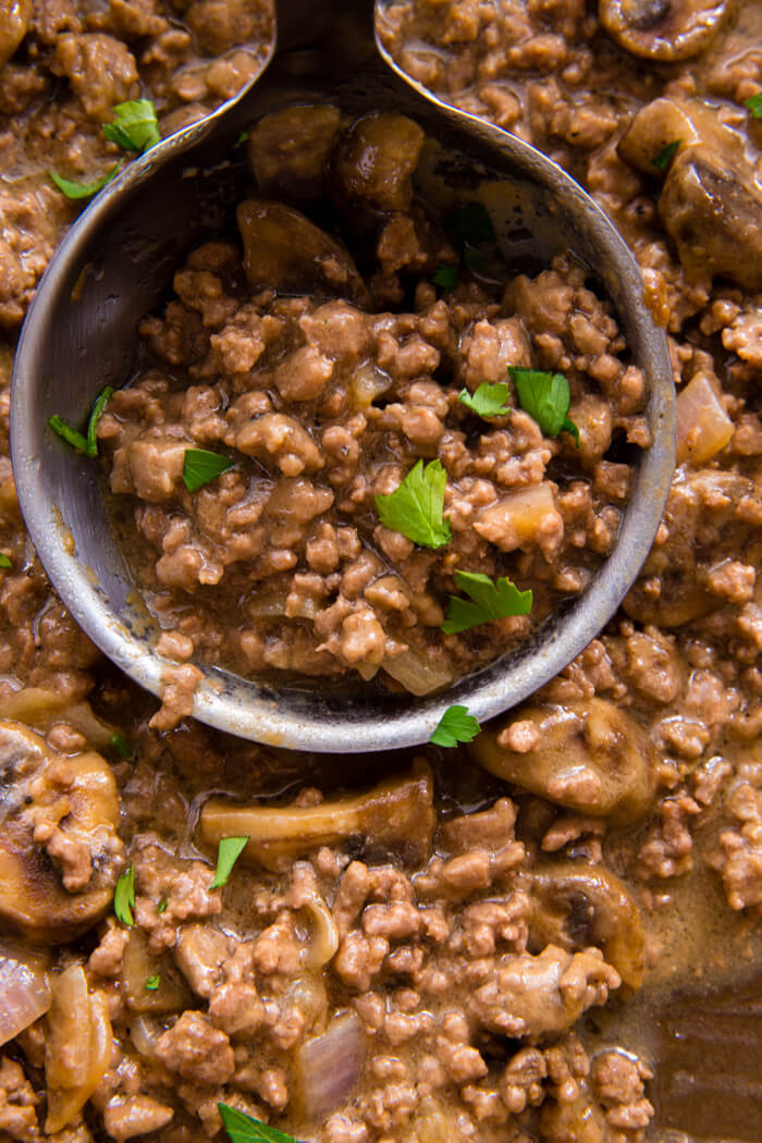 Delicious Salisbury steak inspired hamburger and mushroom gravy