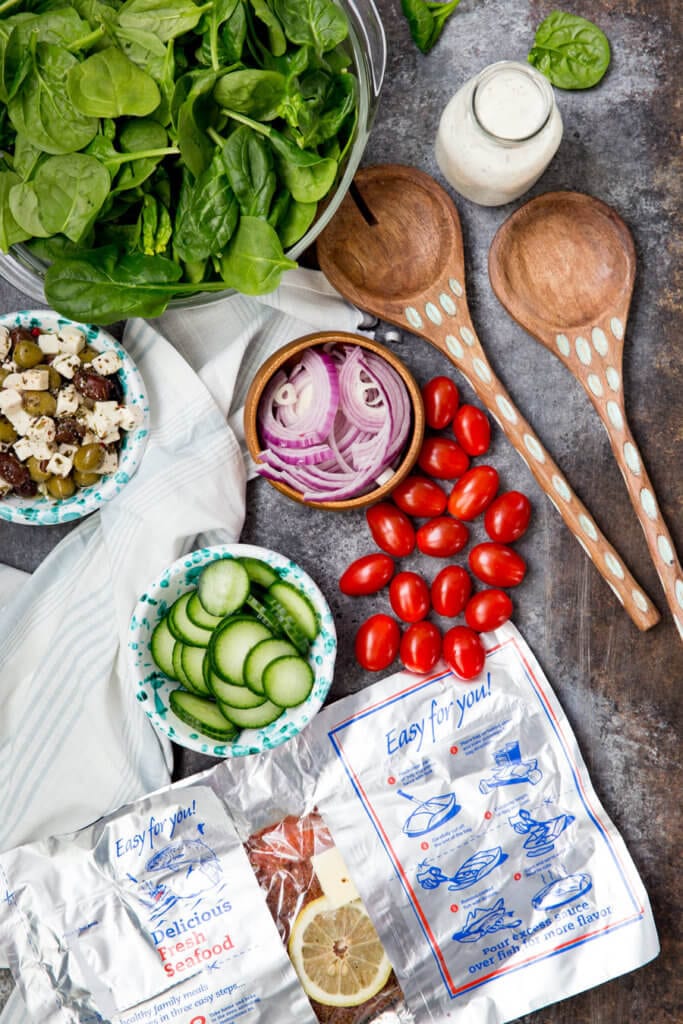 Ingredients for a greek salmon salad