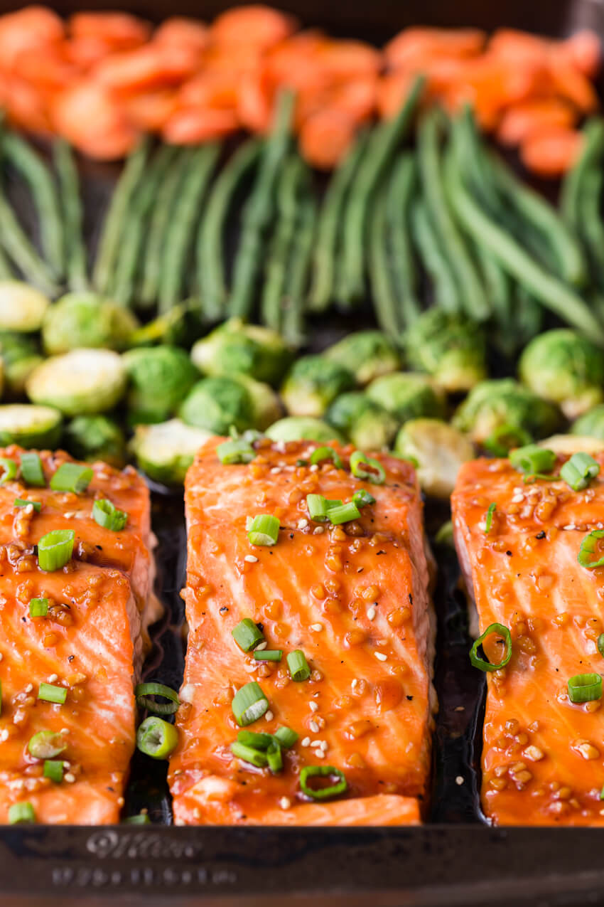 Baked Salmon: An easy and flavorful meal prep dish with very little clean up! You get flaky, delightful salmon, and roasted veggies.