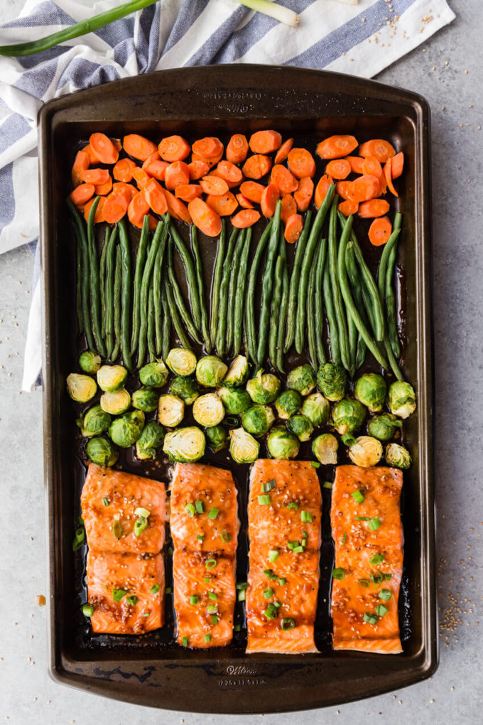 Teriyaki Salmon: An easy and flavorful meal prep dish with very little clean up! You get flaky, delightful salmon, and roasted veggies.
