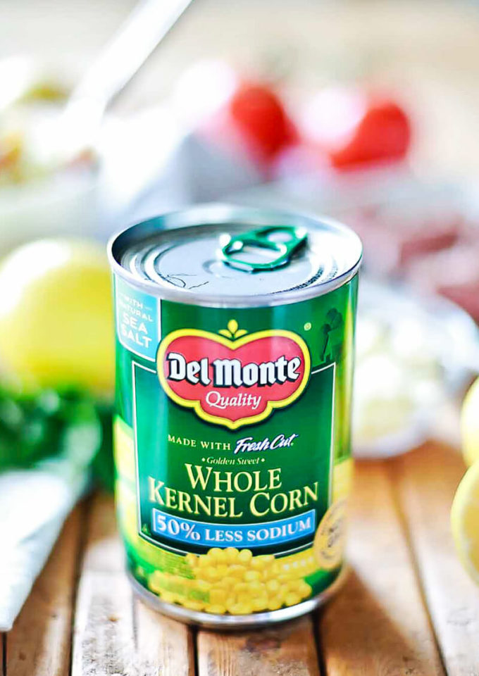 Del Monte corn is great for corn and feta relish on top of Greek marinated steak