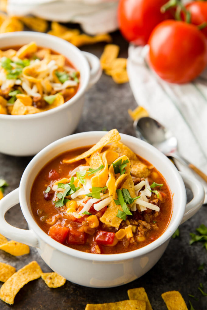 Taco Soup: The most flavorful taco soup you will ever eat takes only 10-15 minutes to throw together. Healthy, easy, full of protein, fiber, and flavor; you can't go wrong with this soup! 